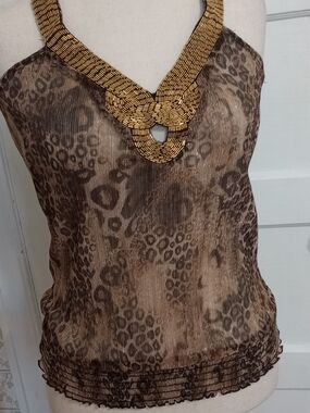 Arden B Gold-Beaded Leopard Print Halter Camisole - Brown